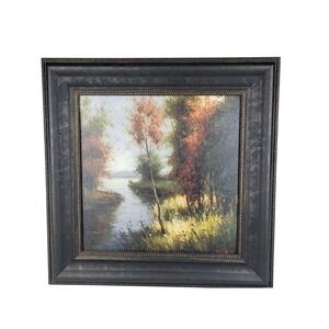 Framed Impressionist River Landscape Oil Painting Autumn Trees 24x24